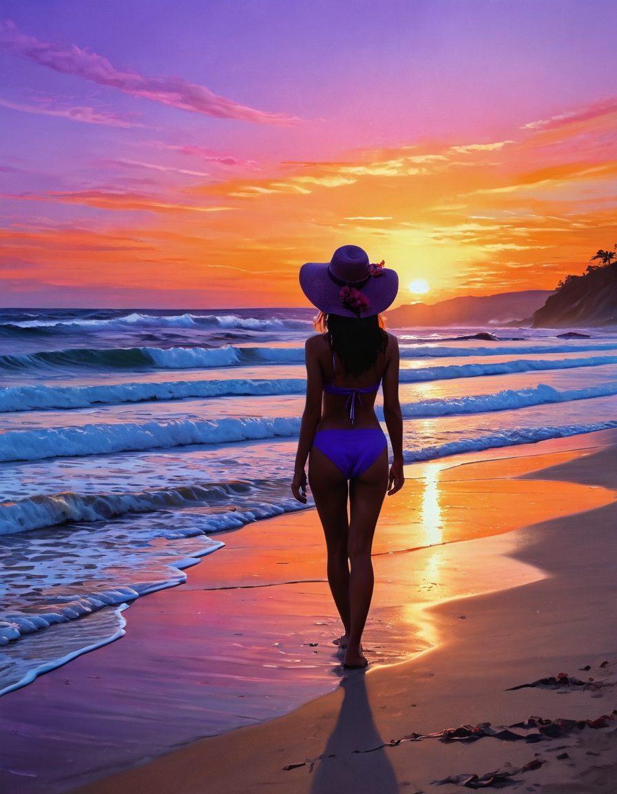 A melancholic beach scene featuring a solitary figure in a stylish bikini, staring thoughtfully at the crashing waves, with a soft breeze playing with her hair. The background shows a sunset sky with vibrant hues of orange and purple, symbolizing the bittersweet nature of summer fashion. Subtle details like a discarded beach hat and closed flip-flops add to the feeling of solitude. Artistic style: oil painting with impressionistic flourishes.